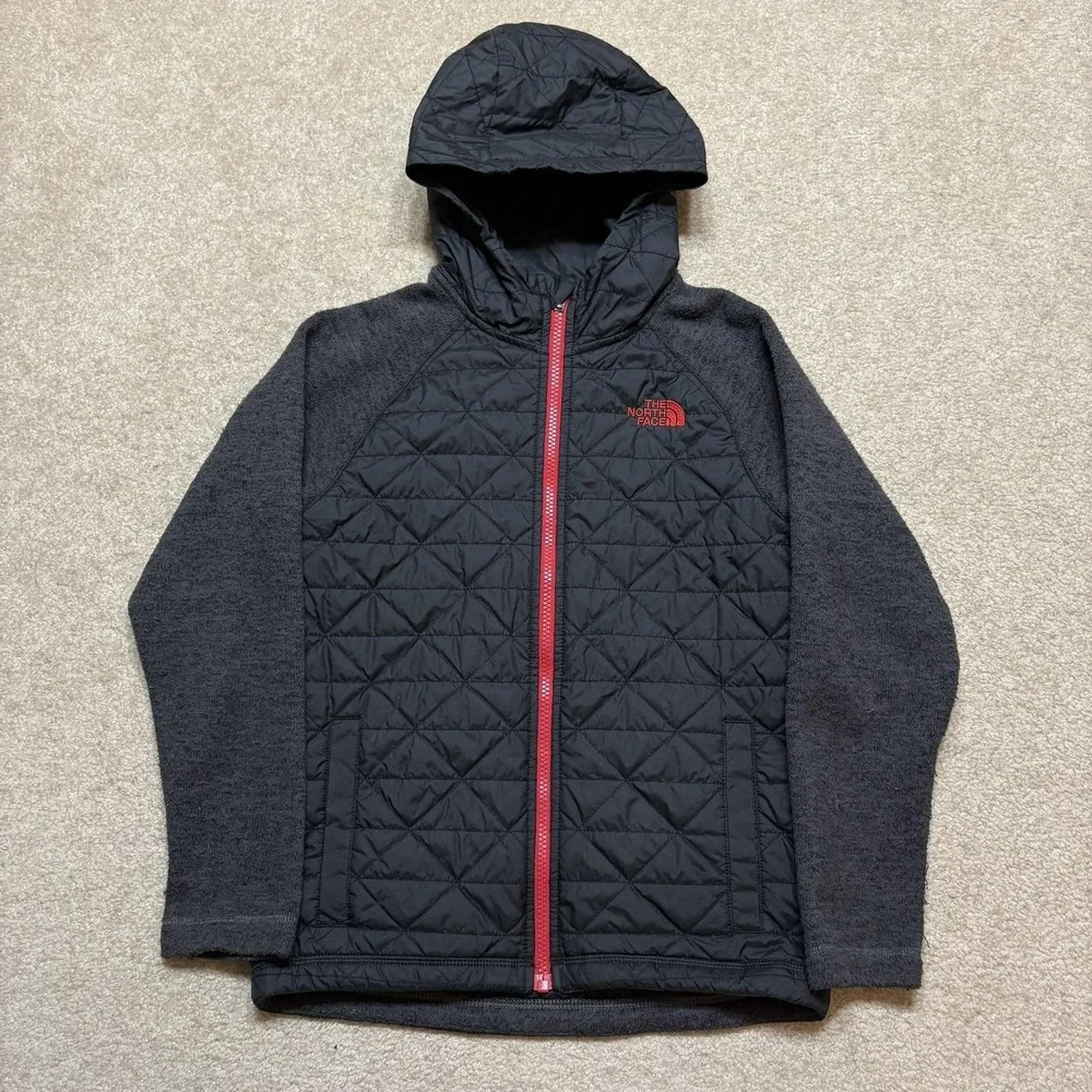 The North Face Jacket Boys Medium 10/12 Black Quilted Fleece Hooded Zip‎ Outdoor